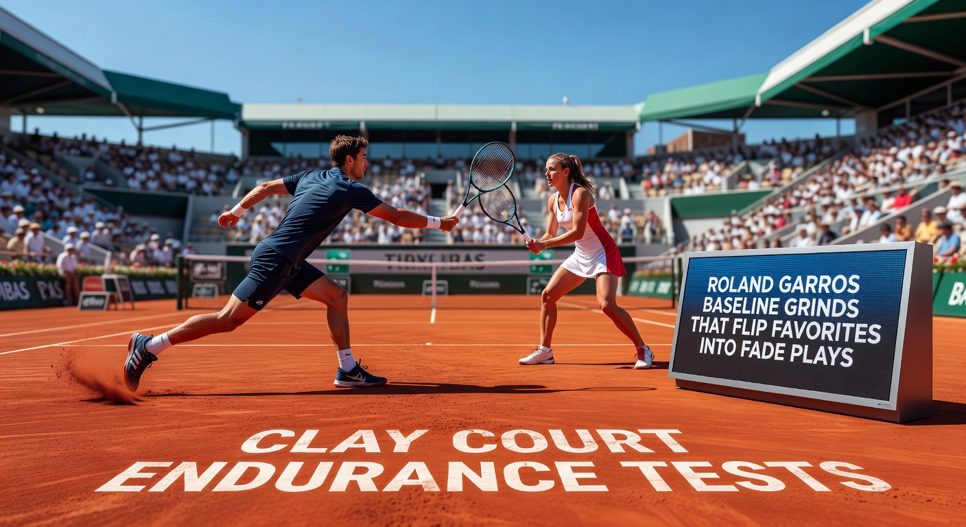 Close-up of a clay court specialist retrieving a deep lob during an epic five-setter at Roland Garros, sweat visible amid the dusty rally