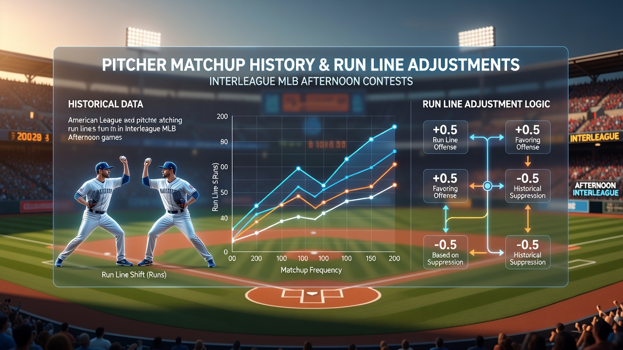 Close-up of an MLB scoreboard showing run line adjustments and pitcher stats during an afternoon interleague contest