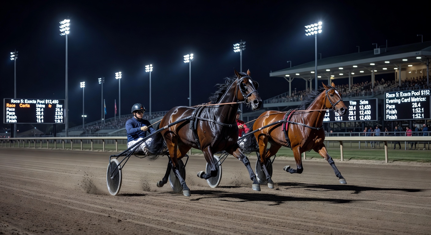 Night horse racing track illuminated by powerful artificial lights with horses in action