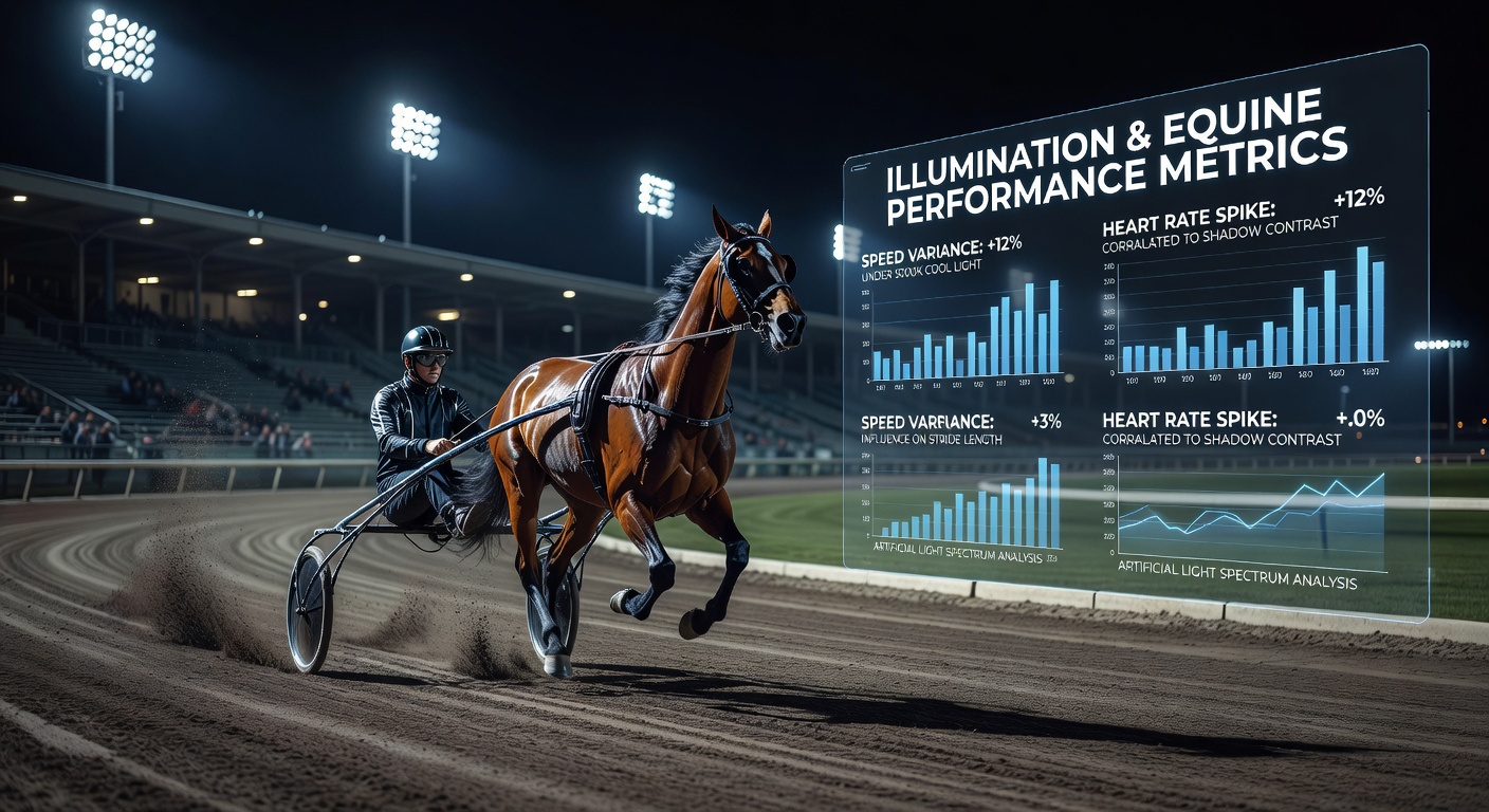 Close-up of racehorses competing under bright stadium lights during an evening event