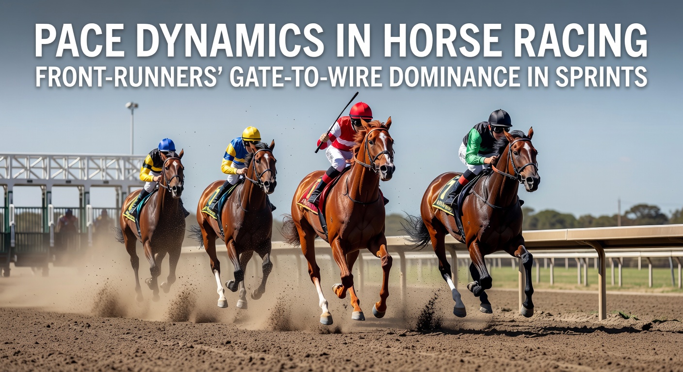 A front-running horse bursts from the gate ahead of the pack in a high-speed sprint race, showcasing early pace control
