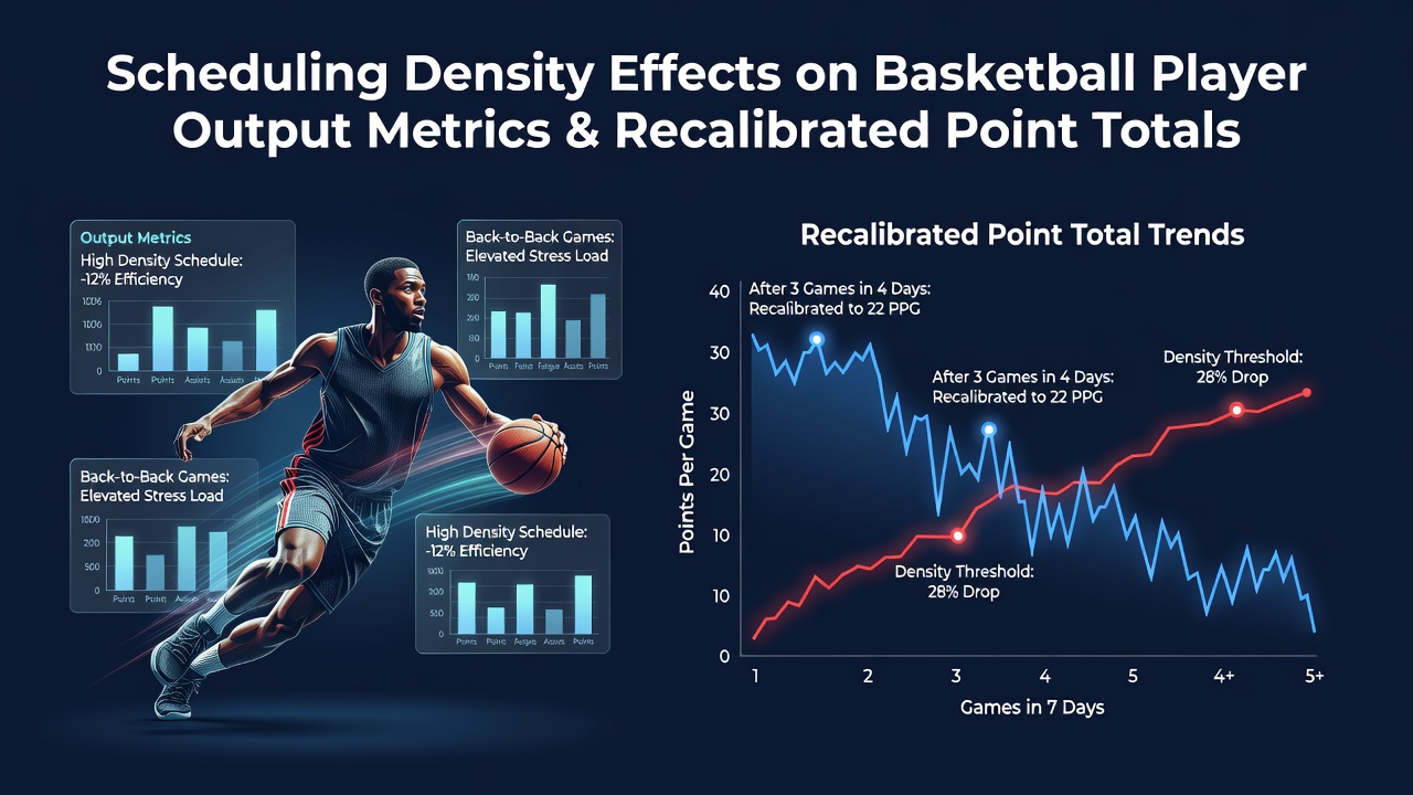 Analysts reviewing basketball performance data charts and schedule density graphs