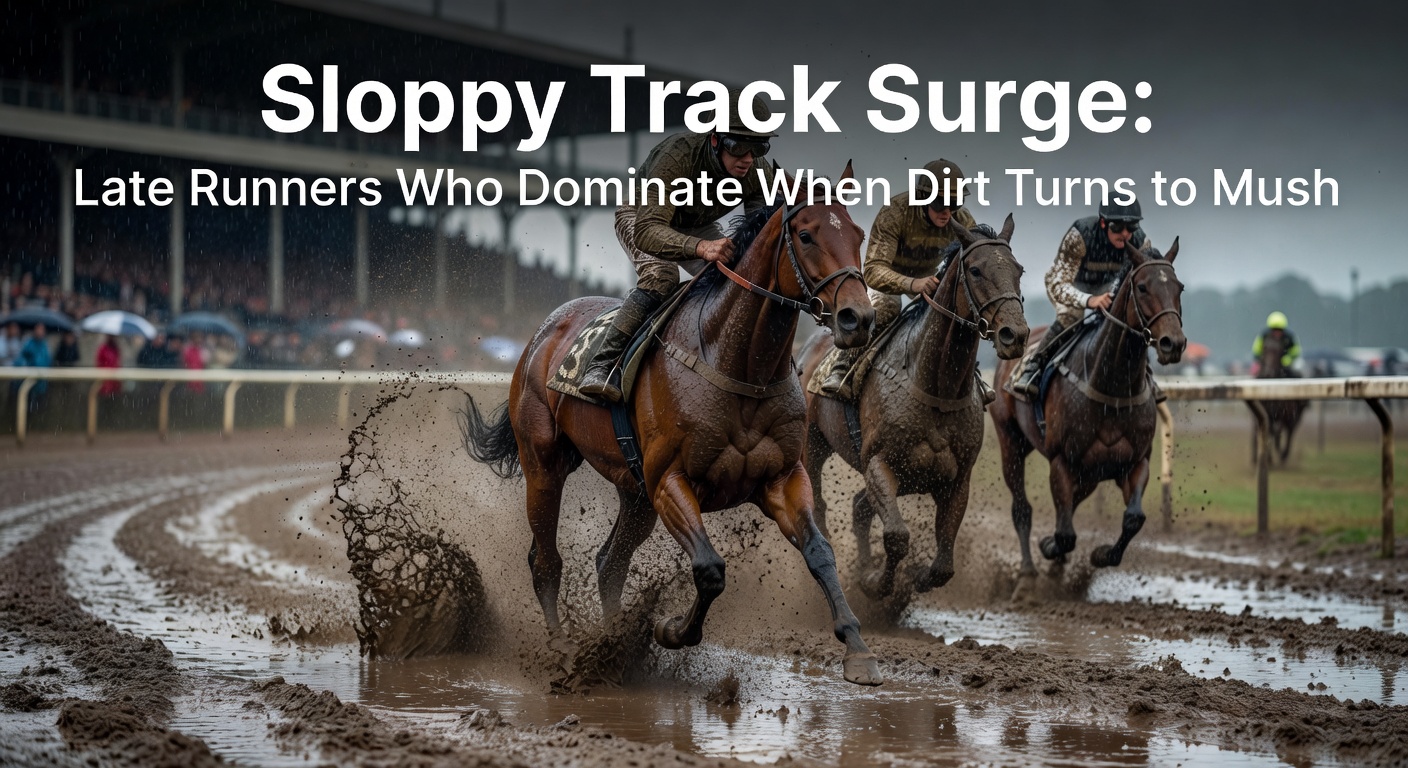 A horse race on a sloppy, mud-splattered dirt track where late runners charge from behind amid splashing water and churned earth
