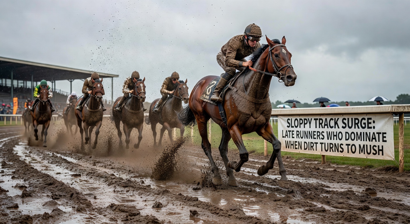 A late-running horse surges past tiring front-runners on a rain-soaked dirt oval, kicking up mud in a dramatic stretch run