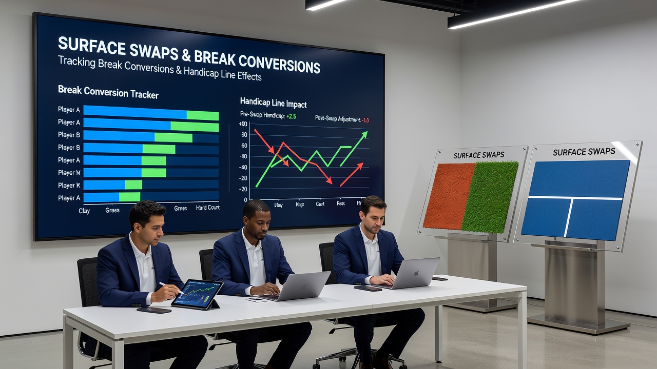 Statistical charts displaying break conversion rates and handicap line movements during tennis surface swaps