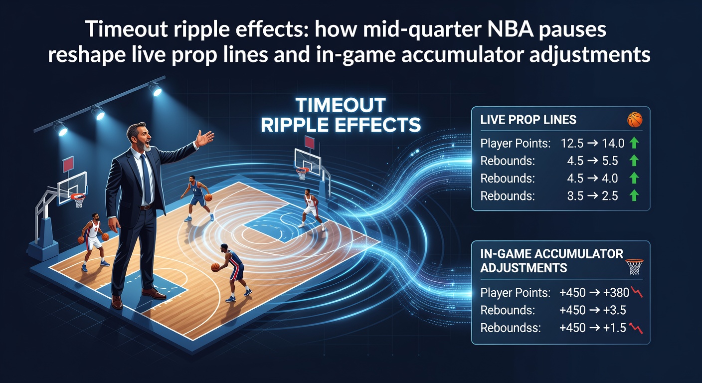NBA players gathered around coaches during a mid-quarter timeout with digital betting overlays visible on arena screens