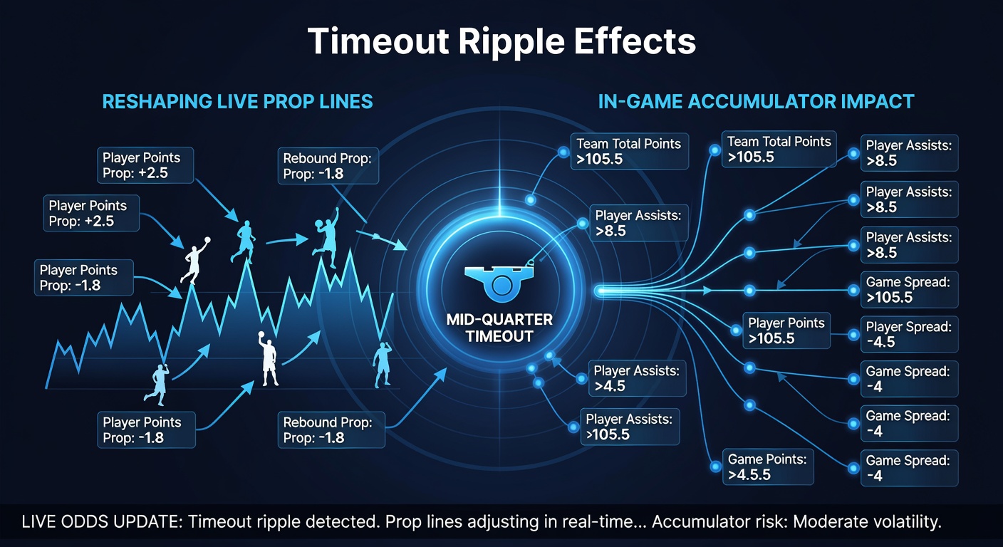 Digital sportsbook interface displaying updated NBA player prop odds and accumulator totals immediately following a timeout