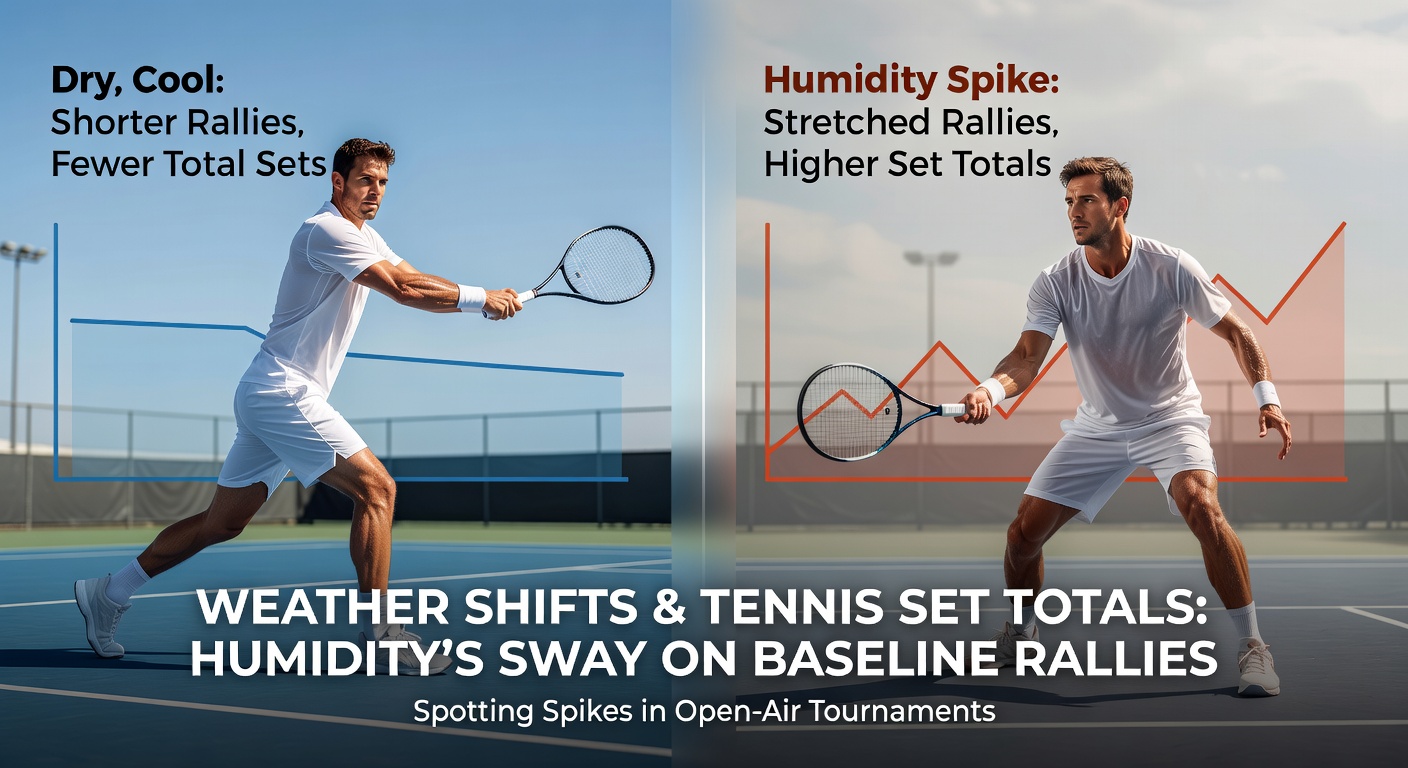Outdoor tennis match under humid conditions with players engaged in extended baseline rallies