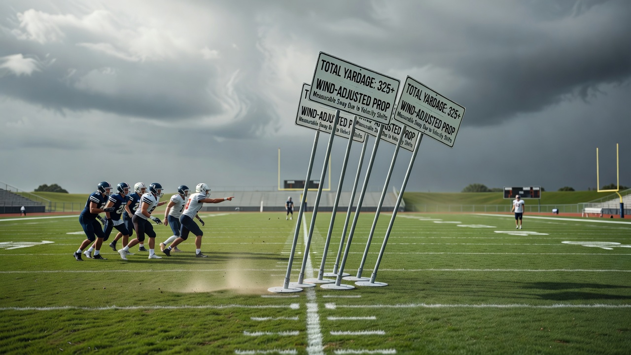 Close-up view of football players battling strong winds on the field during an outdoor contest
